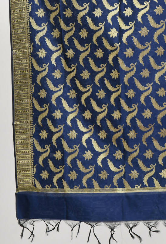 Mominos Fashion Moeza Women's Banarsi Silk Floral Woven Design Navy Blue Dupatta