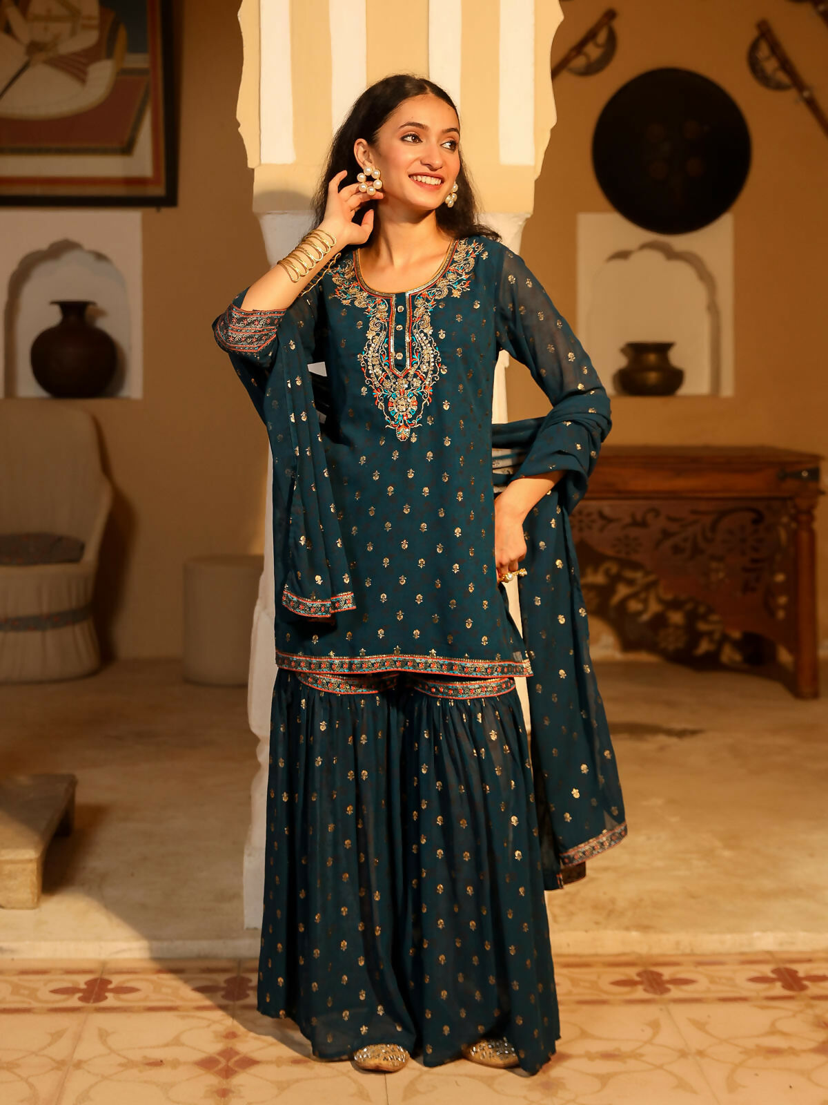 Juniper Women's The Swarn Teal Ethnic Motif Printed Georgette Kurta Pant And Dupatta With Sequins & Zari Work