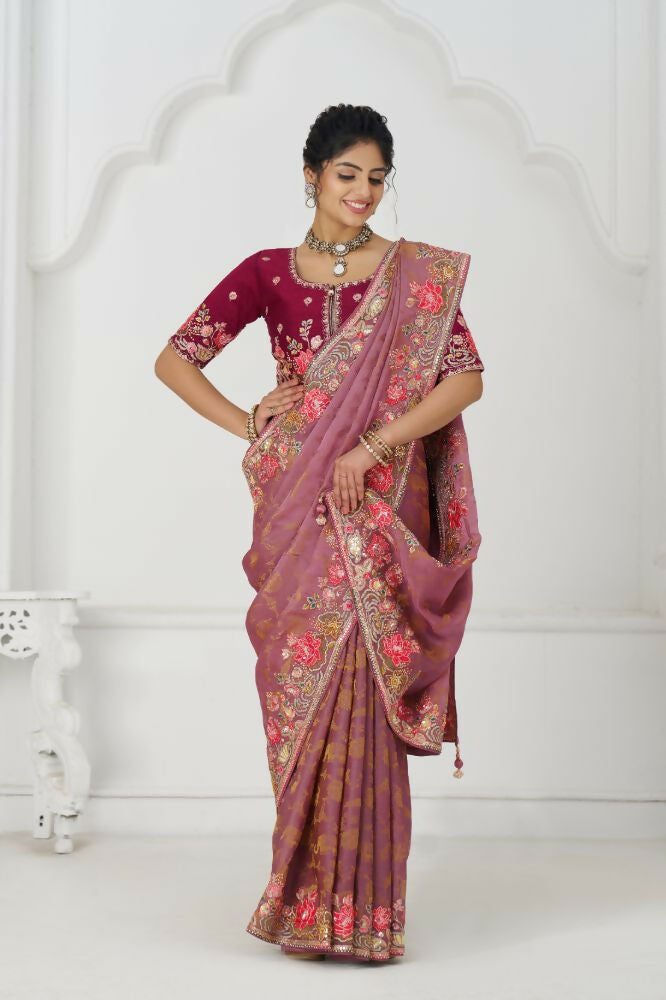 Kesar Fab Threaded Blossoms: Pink With Colorful Floral Embroidery Saree