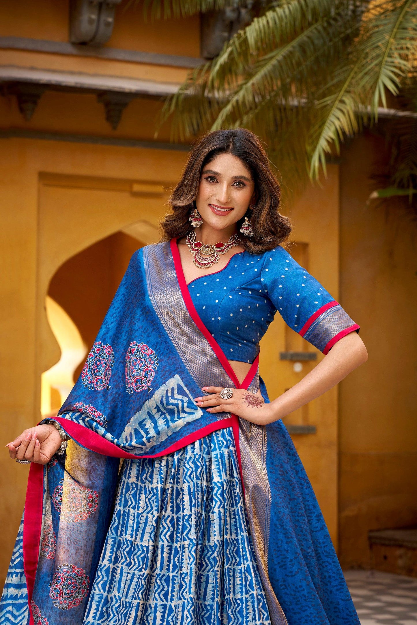 Lorenvalley Fashion Blue Dola Silk Batik Print with Zari Weaving Work Lehenga Choli with Dupatta