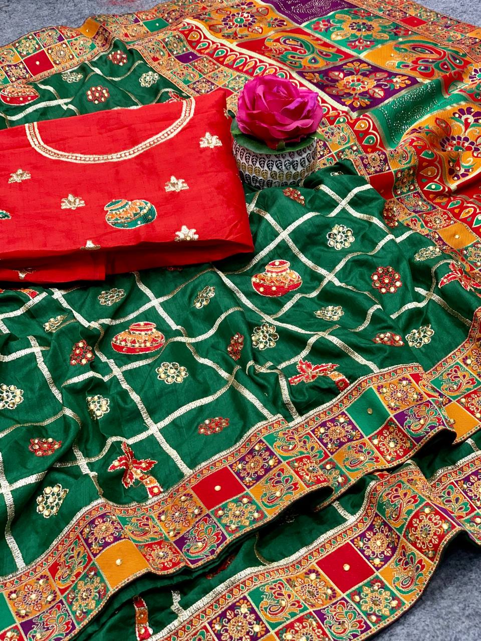 Lorenvalley Fashion Premium Green Dola Silk Embroidery and Diamond work with Jacquard Lace Border Saree
