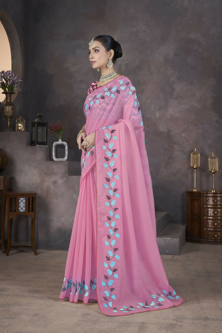 Vastranavya Pink Soft Crush Georgette Thread Embroidery work of Leaf Pattern with Patched Lace Border Saree
