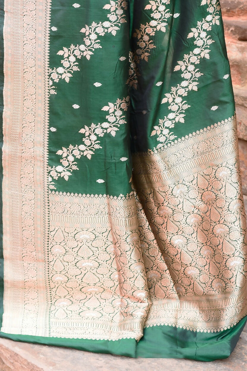 Joban Fashion Emerald Green Banarasi Katan Pure Handloom Banarasi Silk Saree
