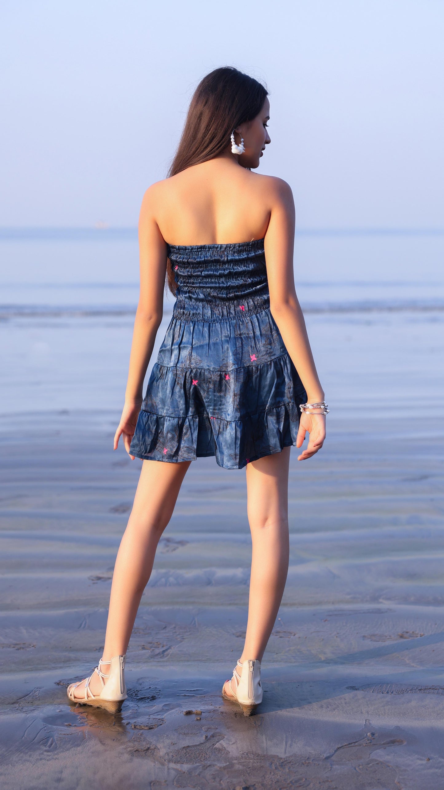 Noroke Modal Steel Blue Printed Mini Tiered Dress