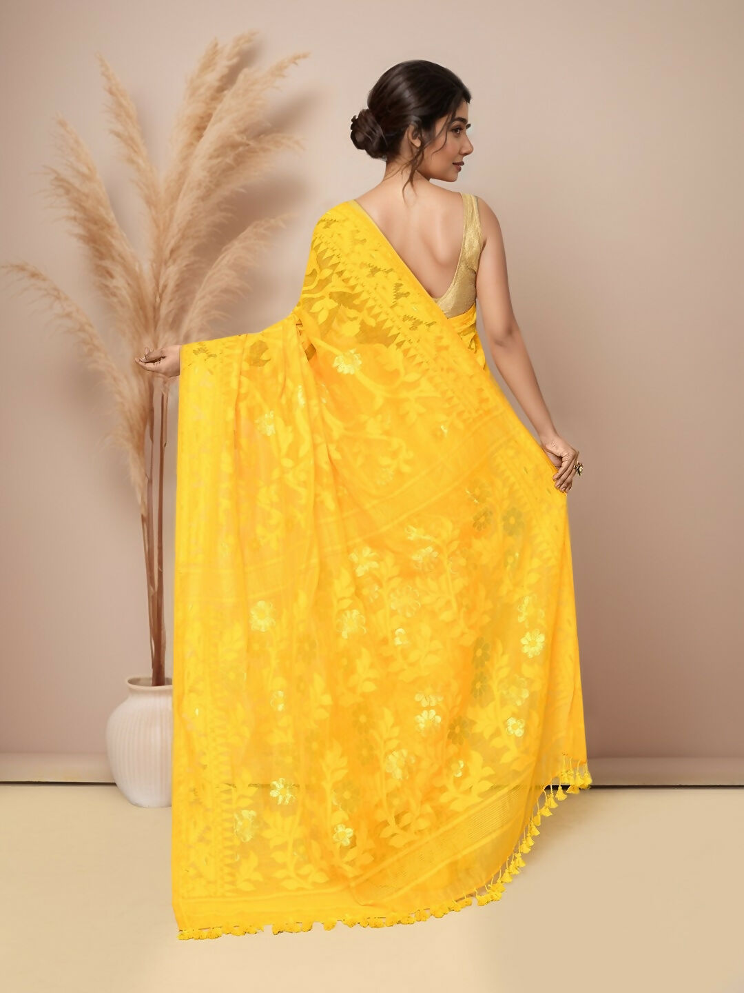 Joban Fashion Yellow Cotton Blend Jamdani Saree