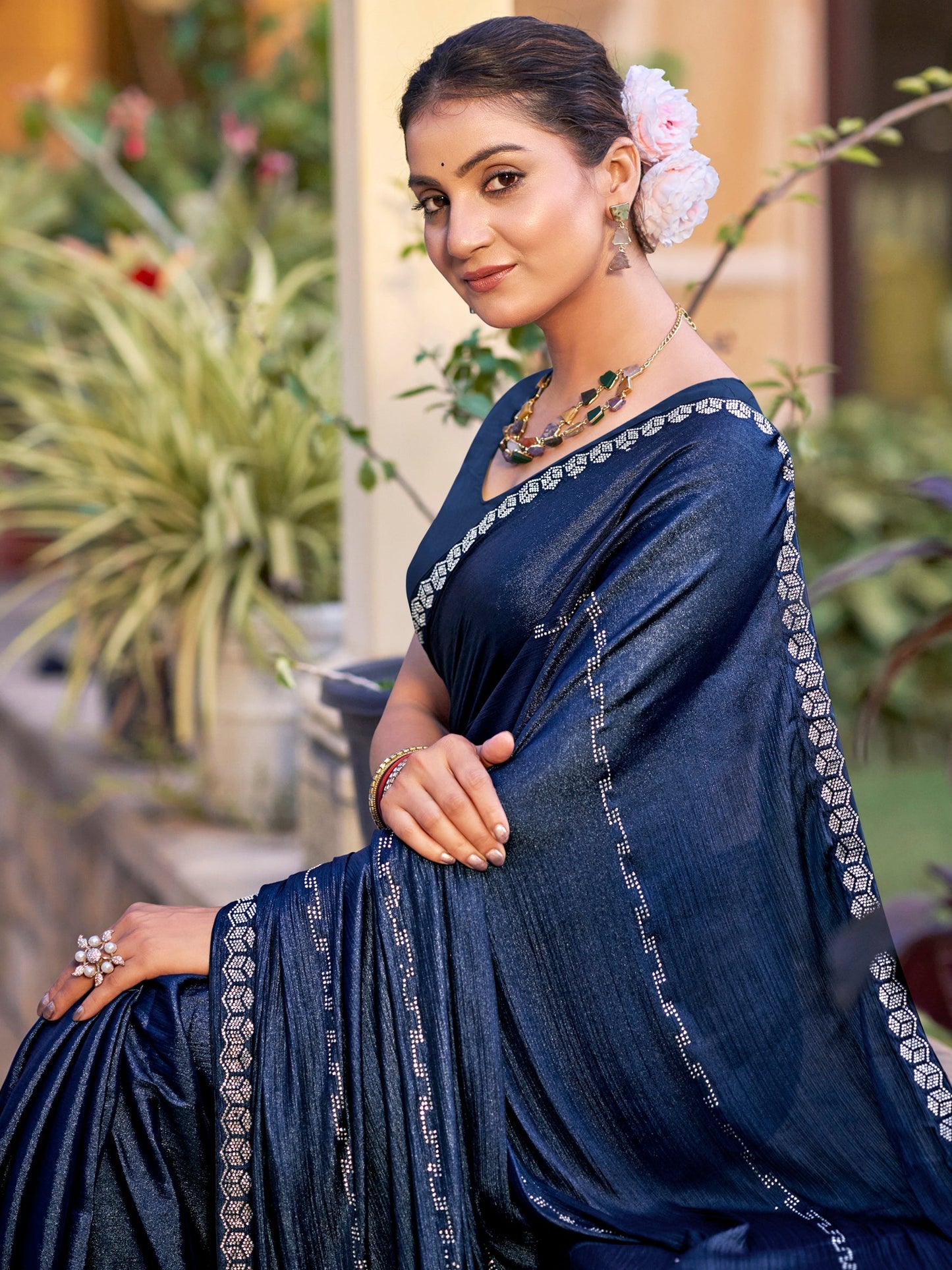 Stylee Lifestyle Navy Blue Shimmer Chiffon Embellished Saree