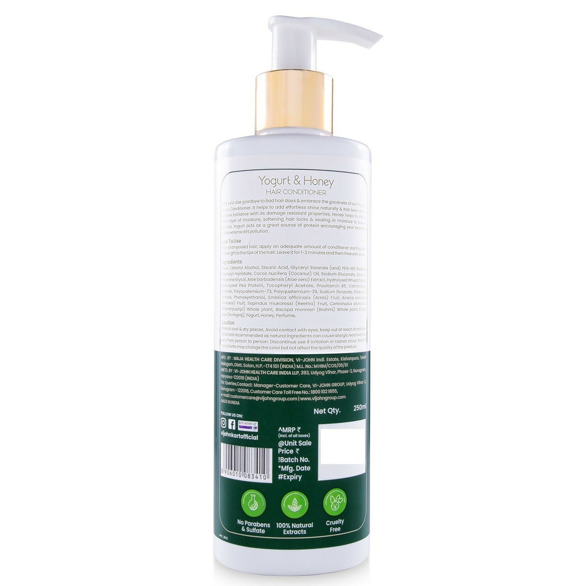VI-JOHN Prakritik Yogurt & Honey Conditioner, Restores Hair Moisture, Made With Natural Bio-Active
