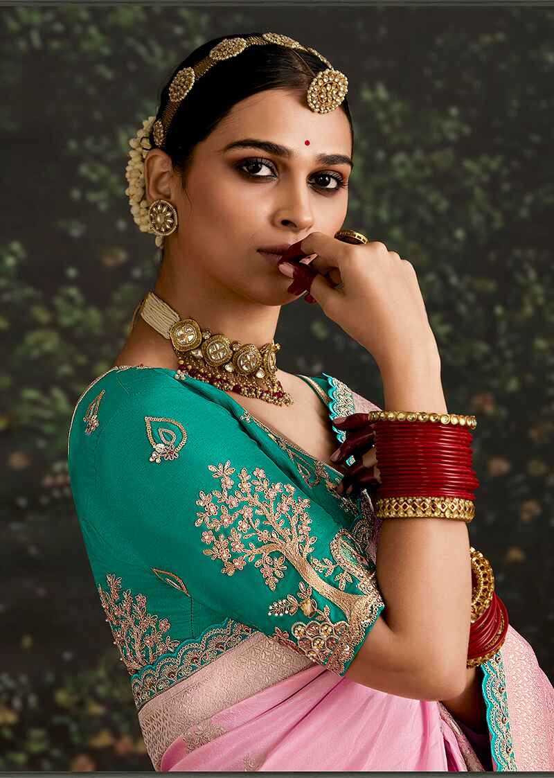 Monjolika Fashion Sequins Embroidered Border Work Dola Silk Pink Reception Classic Saree