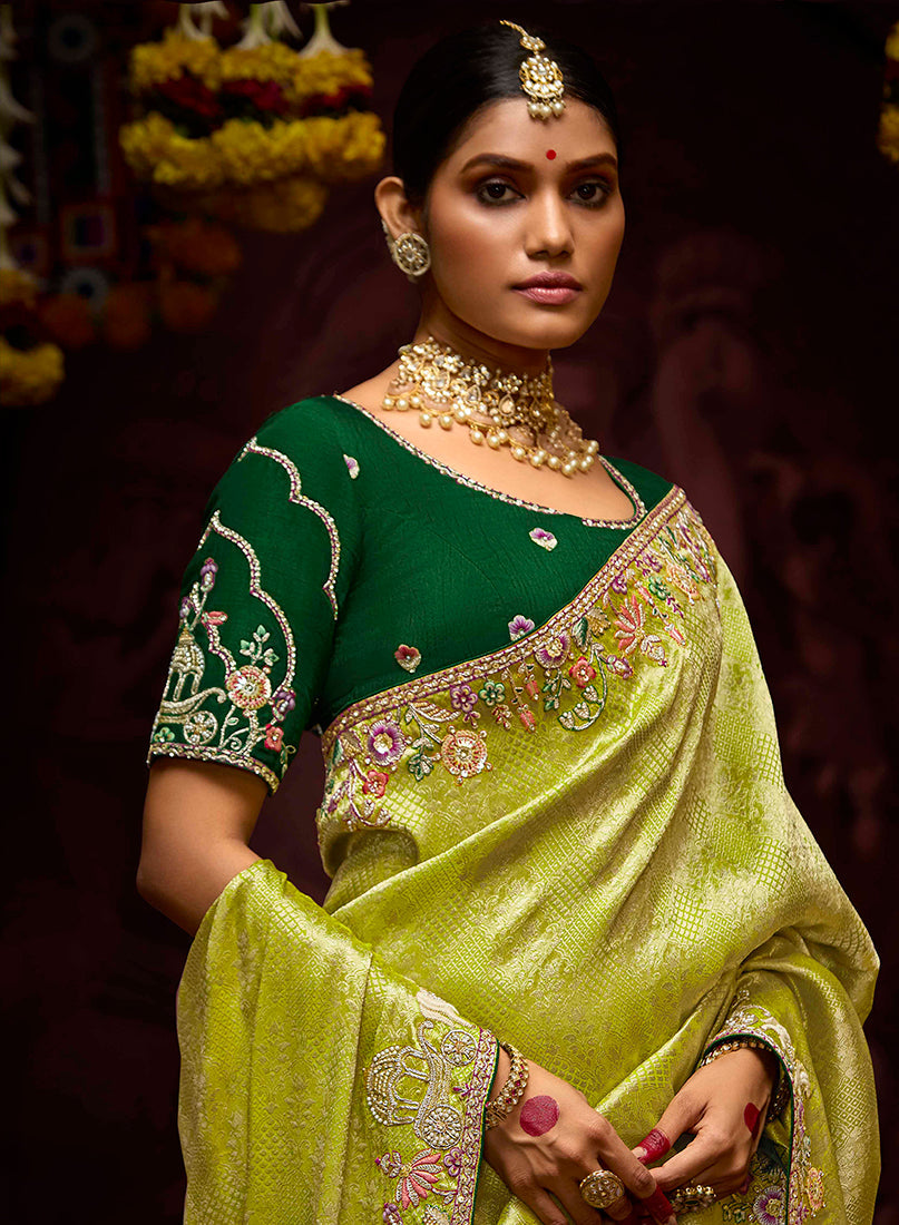 Monjolika Fashion Embroidered Stones Thread Green Classic Saree
