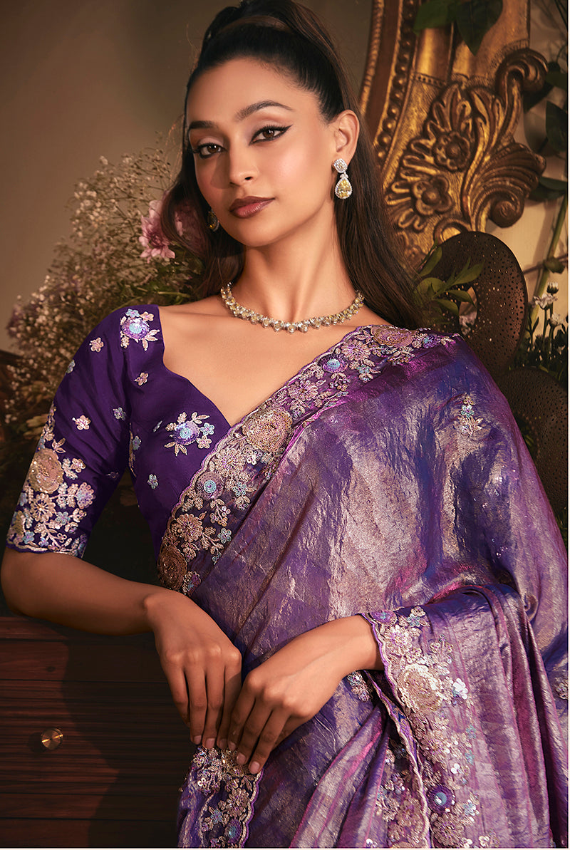 Monjolika Fashion Designer Purple Tissue Organza Saree With All Over Butta Work & Heavy Stone Embellished Border