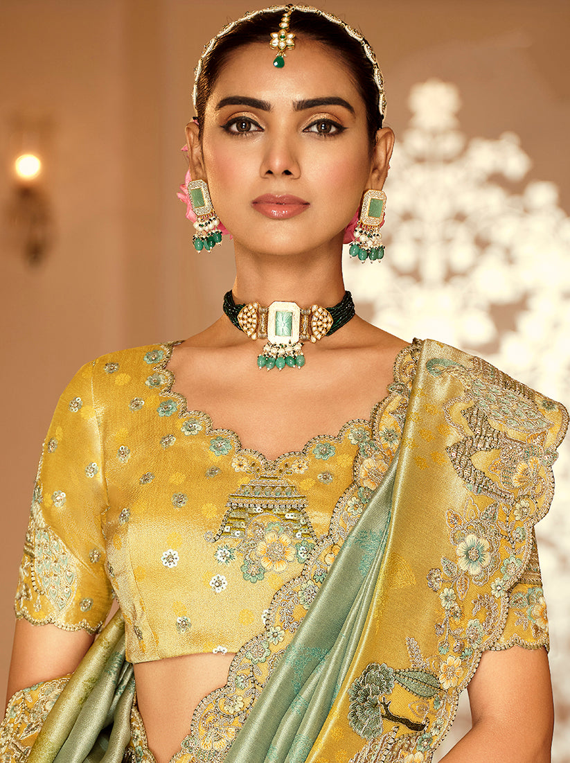 Monjolika Fashion Silk Blend Saree In Mint Green & Mustard Yellow With Meenakari Zari Weaving
