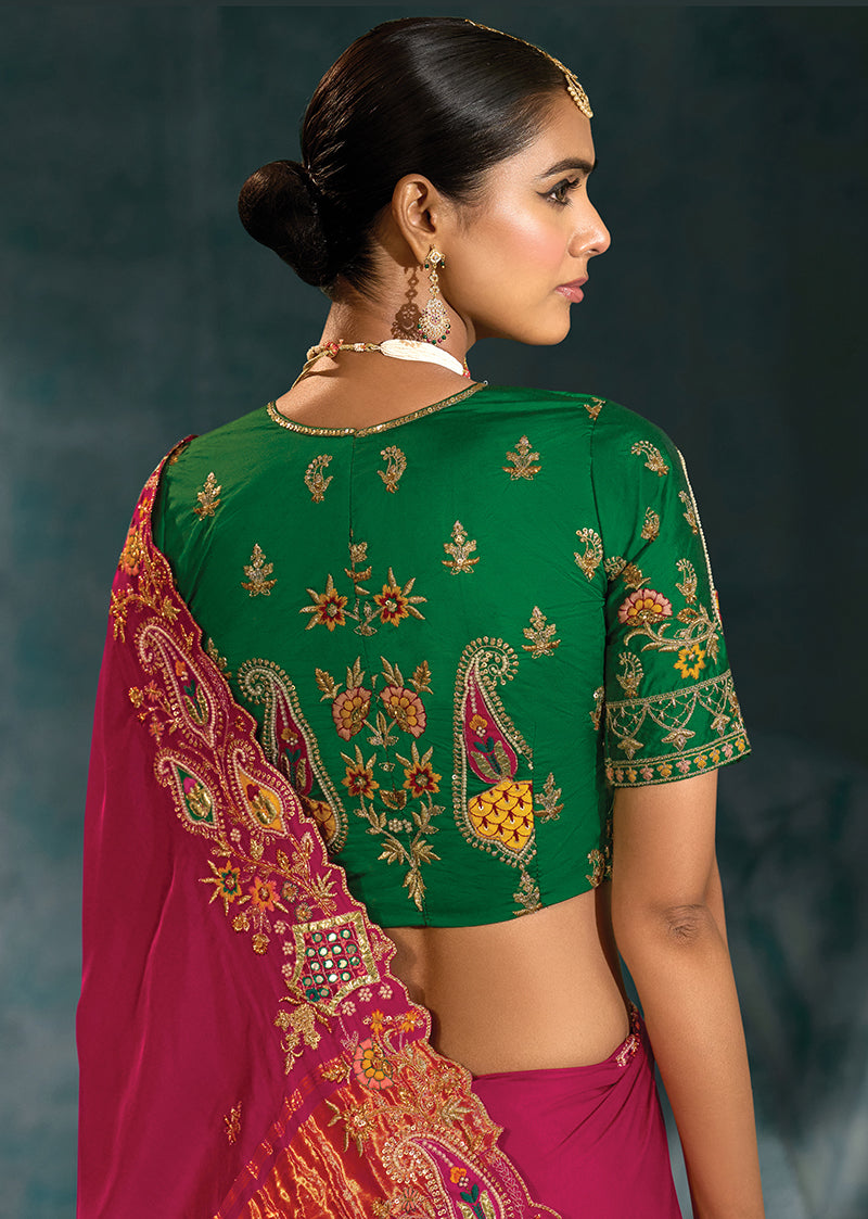 Monjolika Fashion Rani Pink Color Gajji Silk Cutdana Moti Mirror Work Beautiful Border Saree