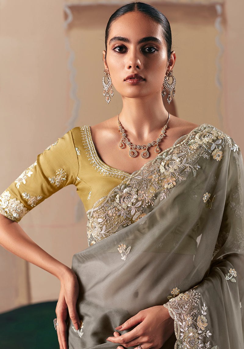 Monjolika Fashion Embroidered Grey Fancy Fabric Party Designer Saree