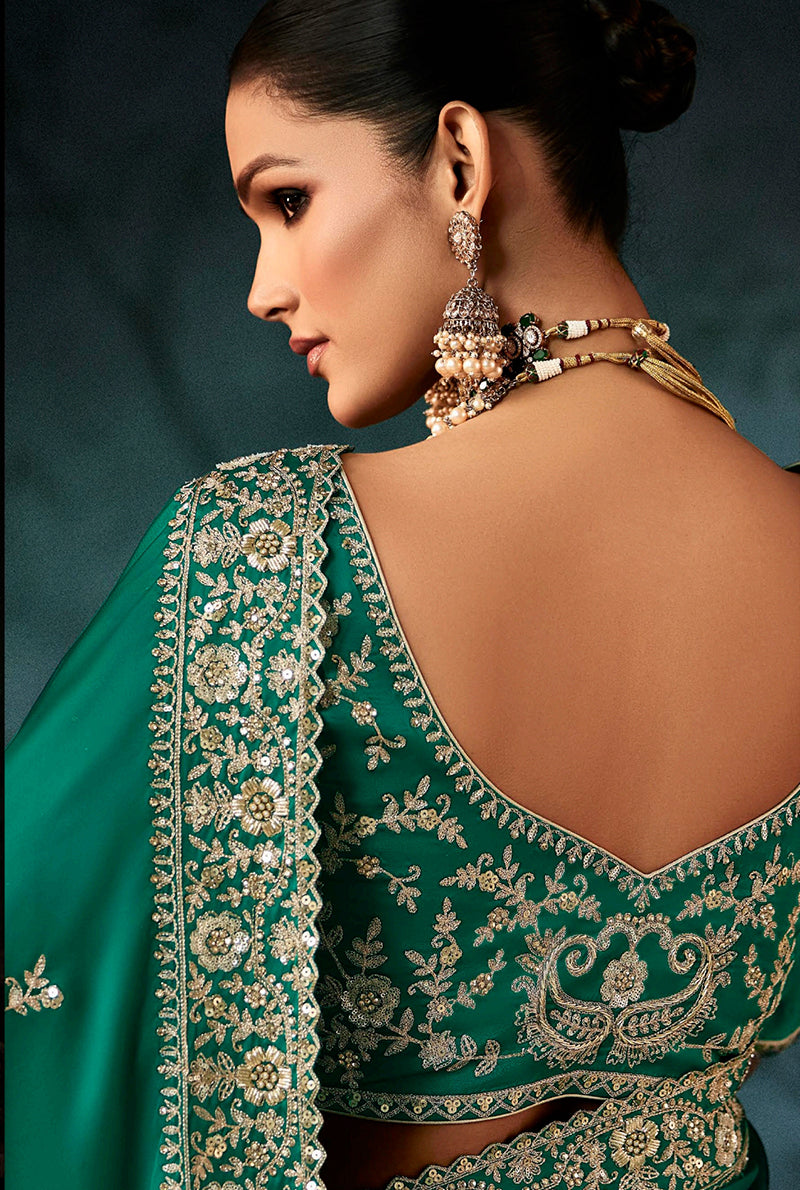 Monjolika Fashion Teal Green Faux Satin Embroidery Bridal Reception Festival Wedding Wear Heavy Border Saree