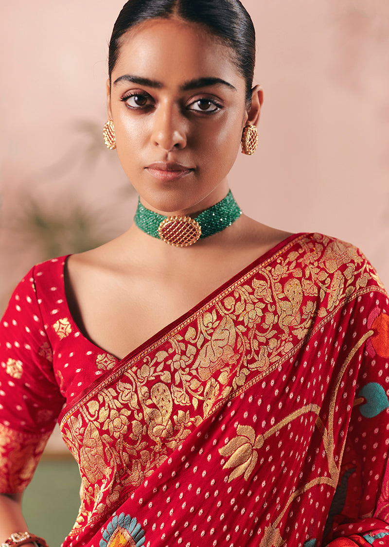Monjolika Fashion Red Bandhej Weaving Work Faux Khadi Georgette Saree