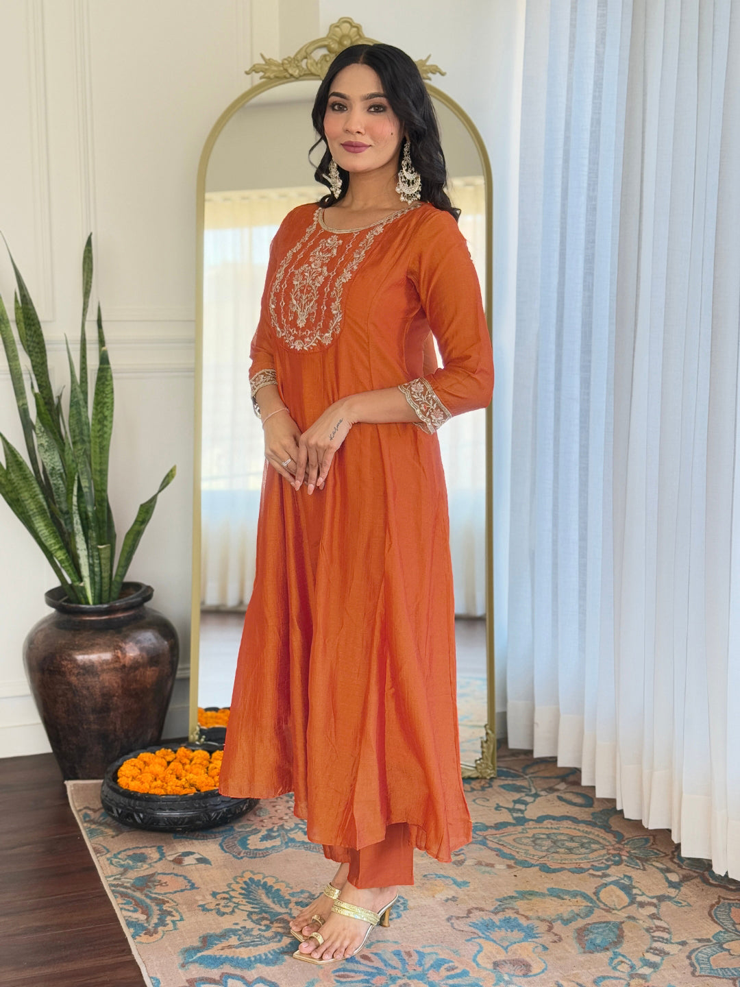 The52 Embroidered Vichitra Silk Fabric Straight Kurta, Pant and Dupatta Set