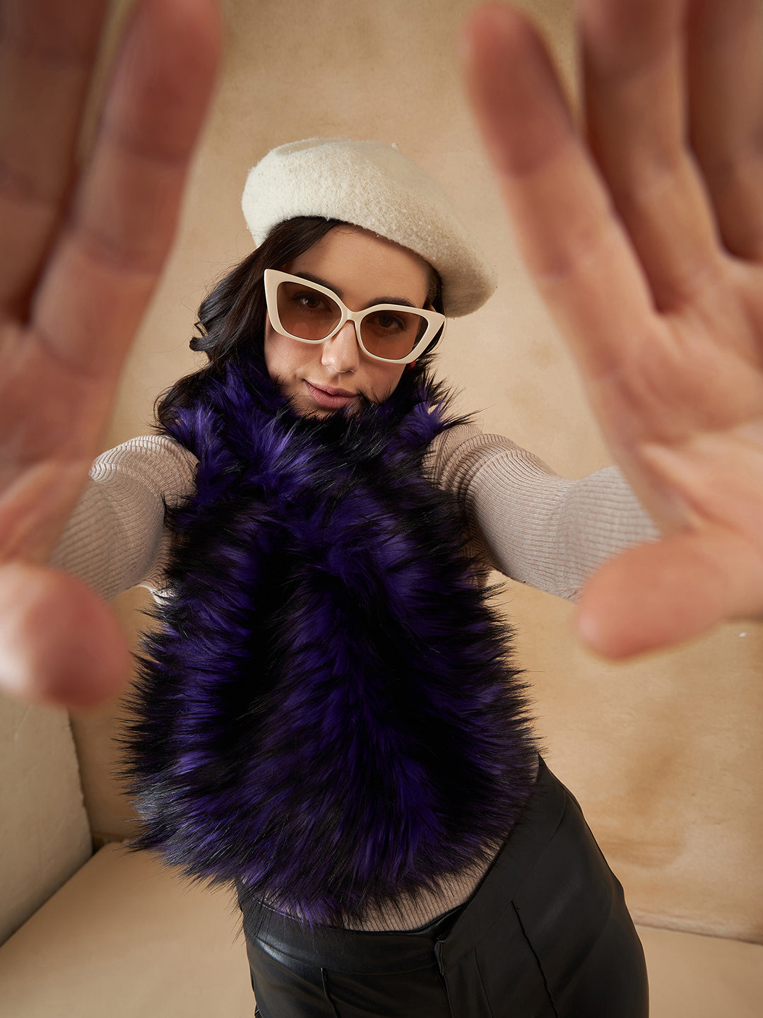 InWeave Women's Purple Black Faux Fur Neck Warmer
