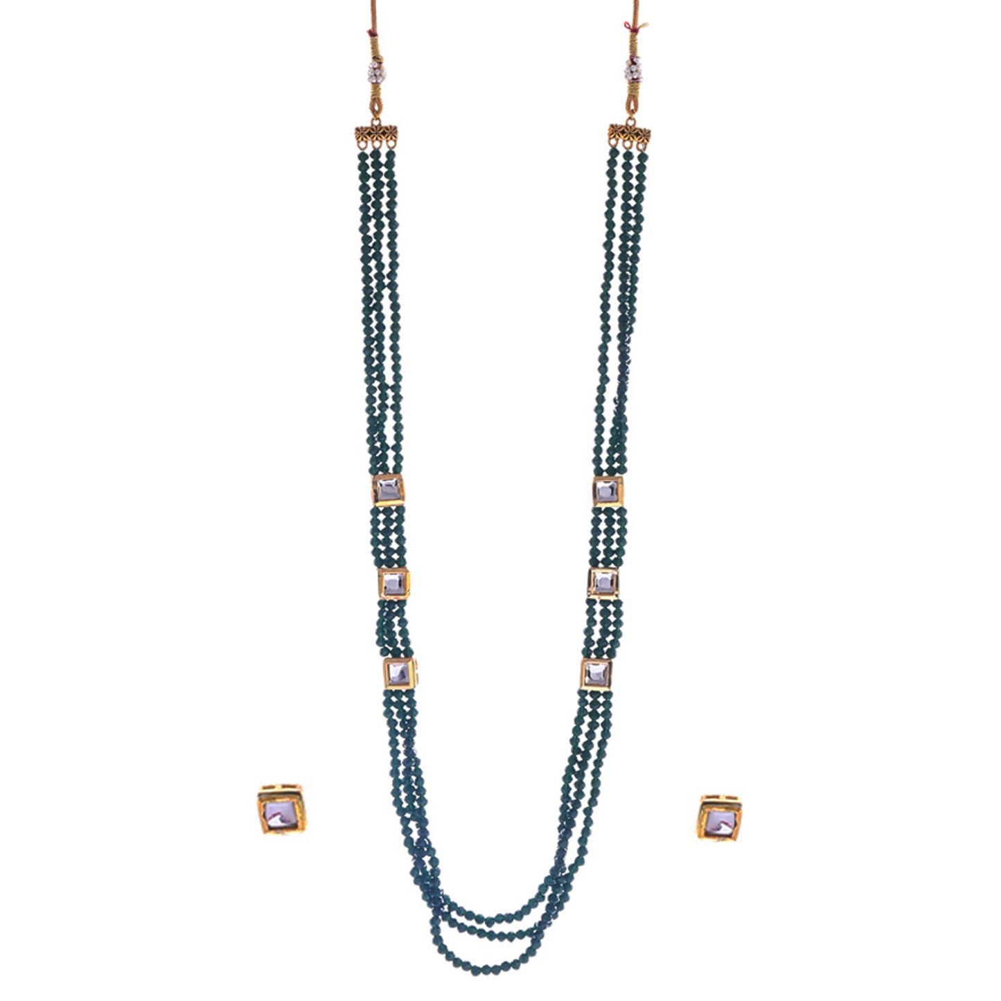 Gold-Polished Alloy Long Green Beaded Kundan Studded Classy Necklace Set - The Pari