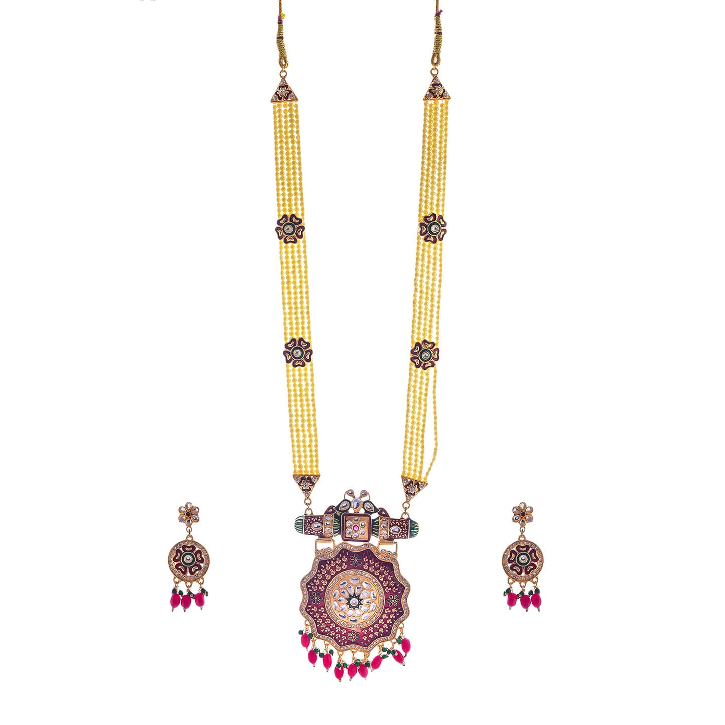 Gold-Polished Alloy Long Pearl Rani Haar Necklace With Round Thewa Pendant Set - The Pari