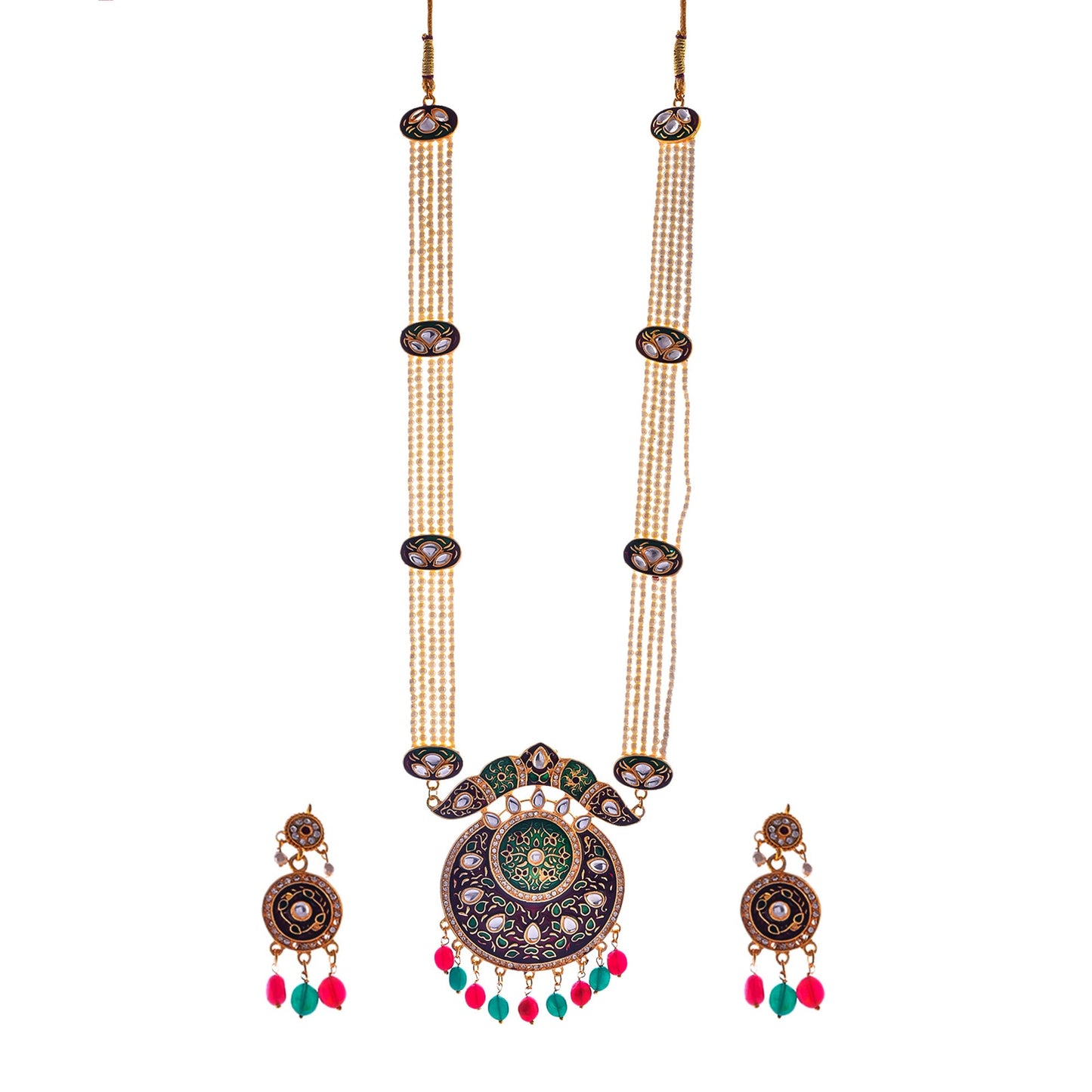 Gold-Polished Alloy Long Pearl Rani Haar Necklace With Designer Thewa Pendant Set - The Pari