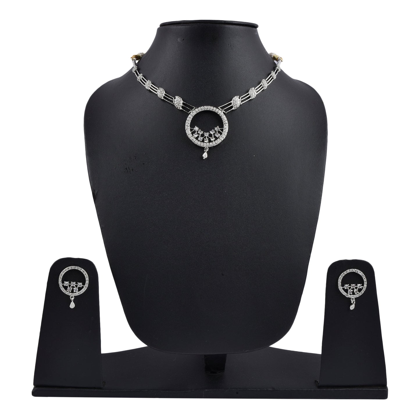 Rhodium-Plated Alloy Round Motif Ad Necklace Set - The Pari