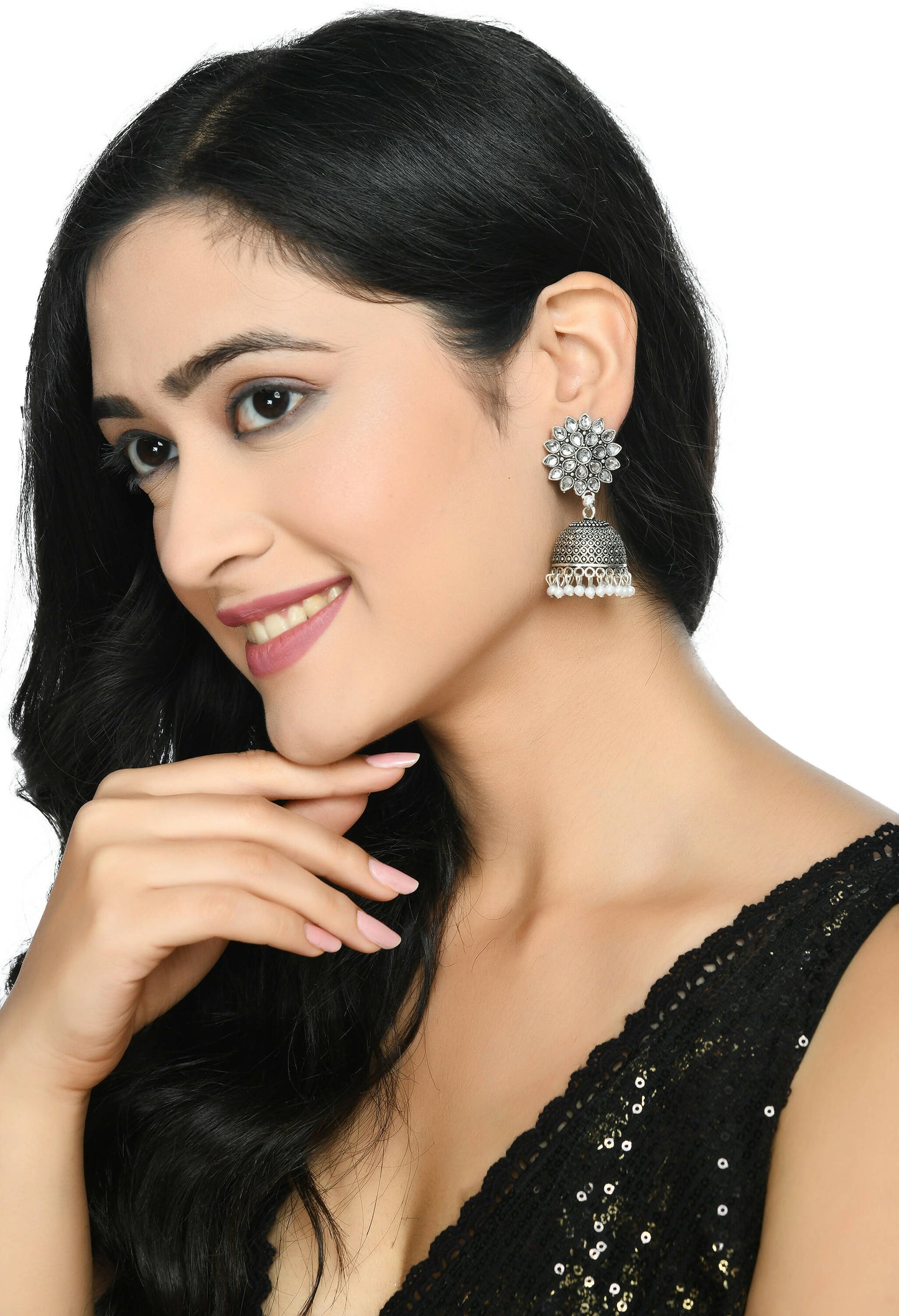 Mominos Fashion Joharkamal Kundan work Jhumka with White Beads