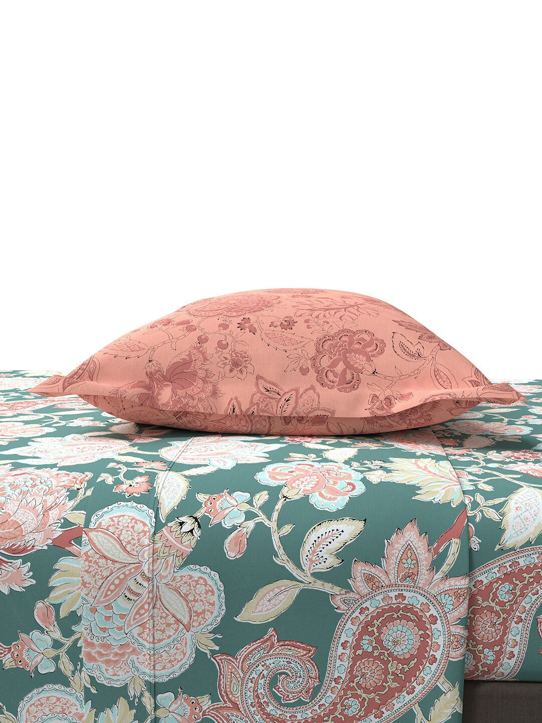 MYTRIDENT Green White Ethnic Motifs Cotton 144 TC Queen Bedsheet With 2 Pillow Covers