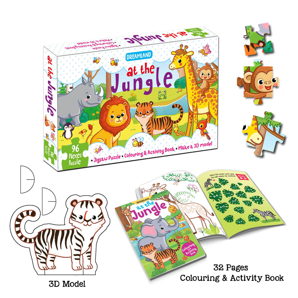 Dreamland Publications At the Jungle Jigsaw Puzzle for Kids – 96 Pcs | With Colouring & Activity Book and 3D Model