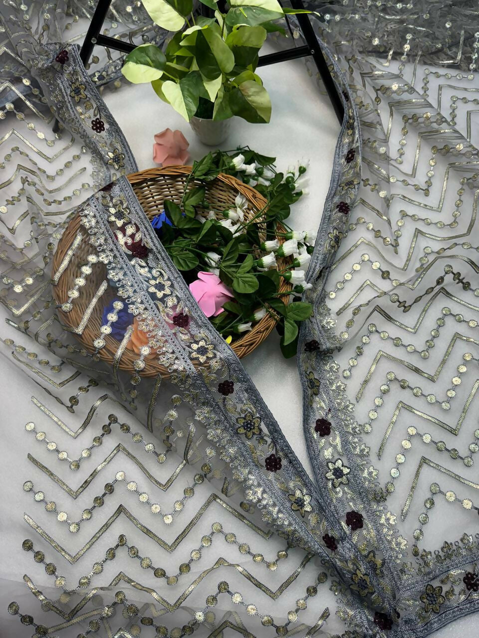 Vastranavya Butterfly Net Designer Chain Stitch Embroidery Work with Foil Thread & Stone Work Saree with Blouse Material - Grey