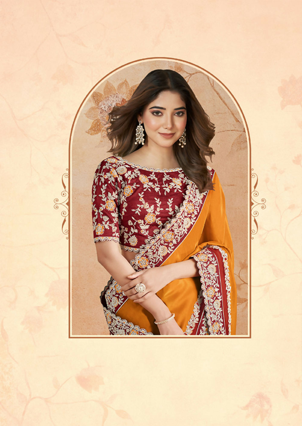 Orange Silk Georgette Floral Embroidery Saree with Heavy Embroidery Border Saree - Mohmanthan Dakshika