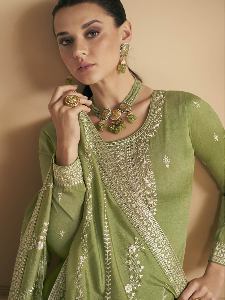 Myra Pista Green Premium Silk Embroidered Pant Style Suit
