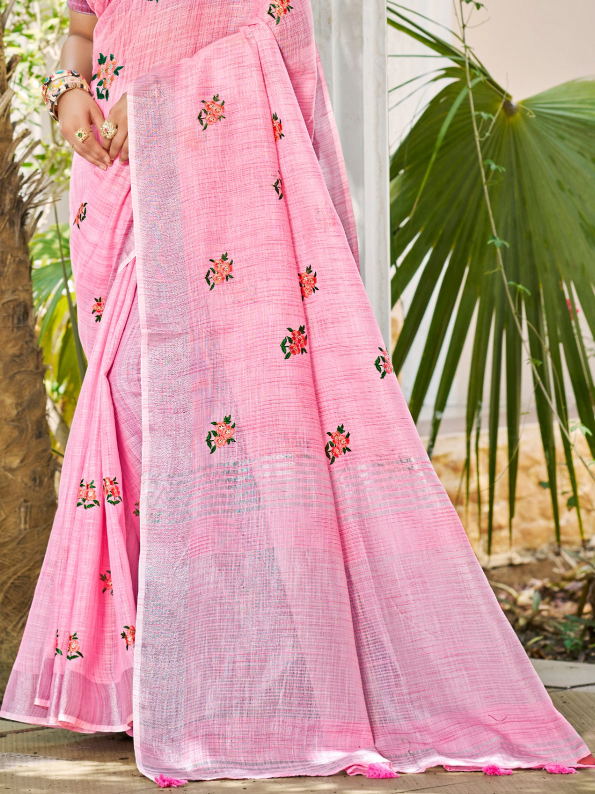 Sangam Prints Light Pink Linen Woven Work Traditional Saree