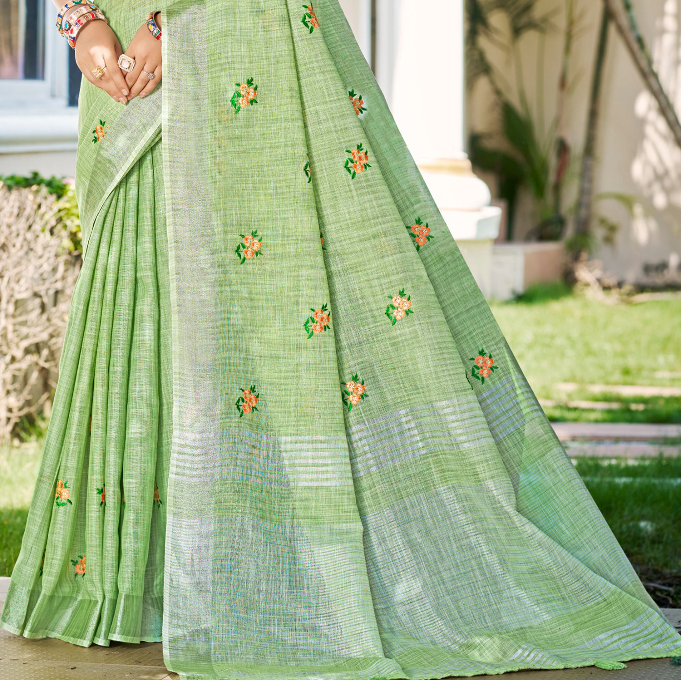 Sangam Prints Olive Green Linen Woven Work Traditional Saree