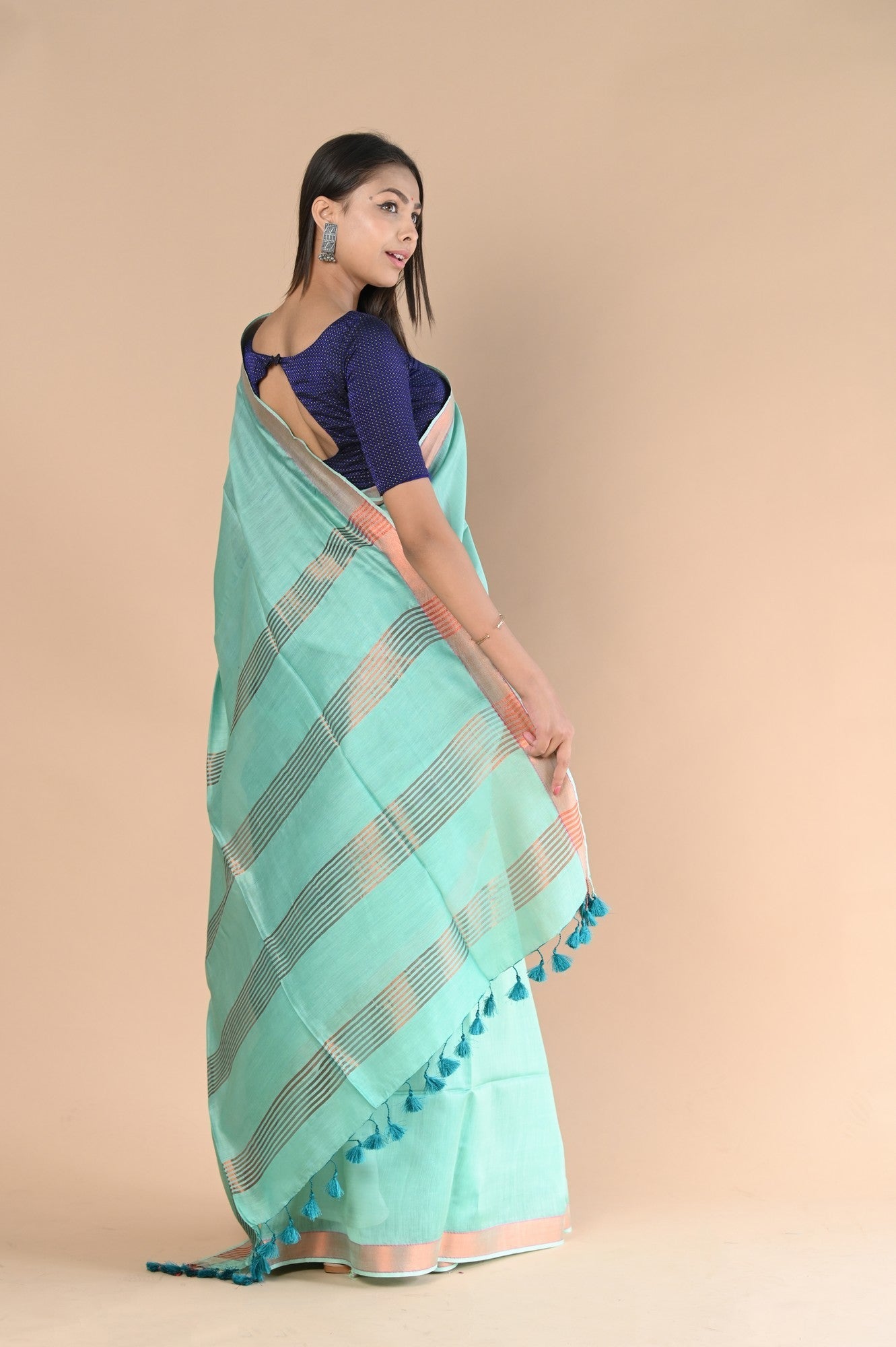 Very Much Indian Handloom Cotton Silk Saree With Sleek Golden Border - teal green