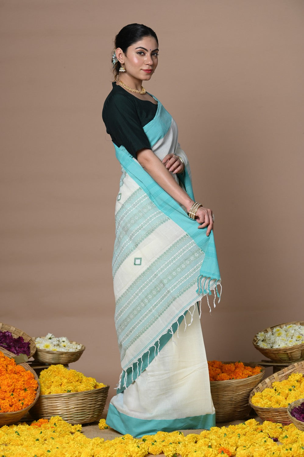Very Much Indian Rajsi - Handloom Pure Cotton Saree with Classic Border and Pallu - White