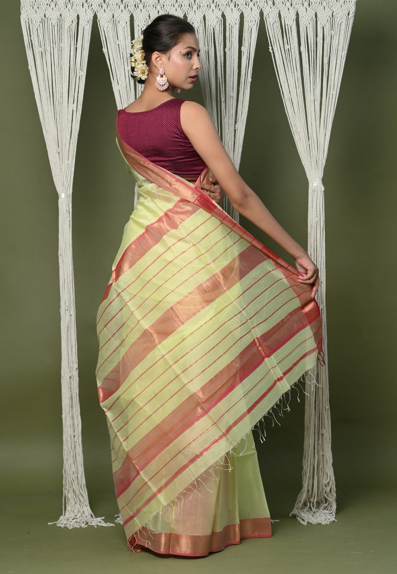 Very Much Indian Handloom Cotton Silk Saree With Sleek Golden Border - chartreuse green