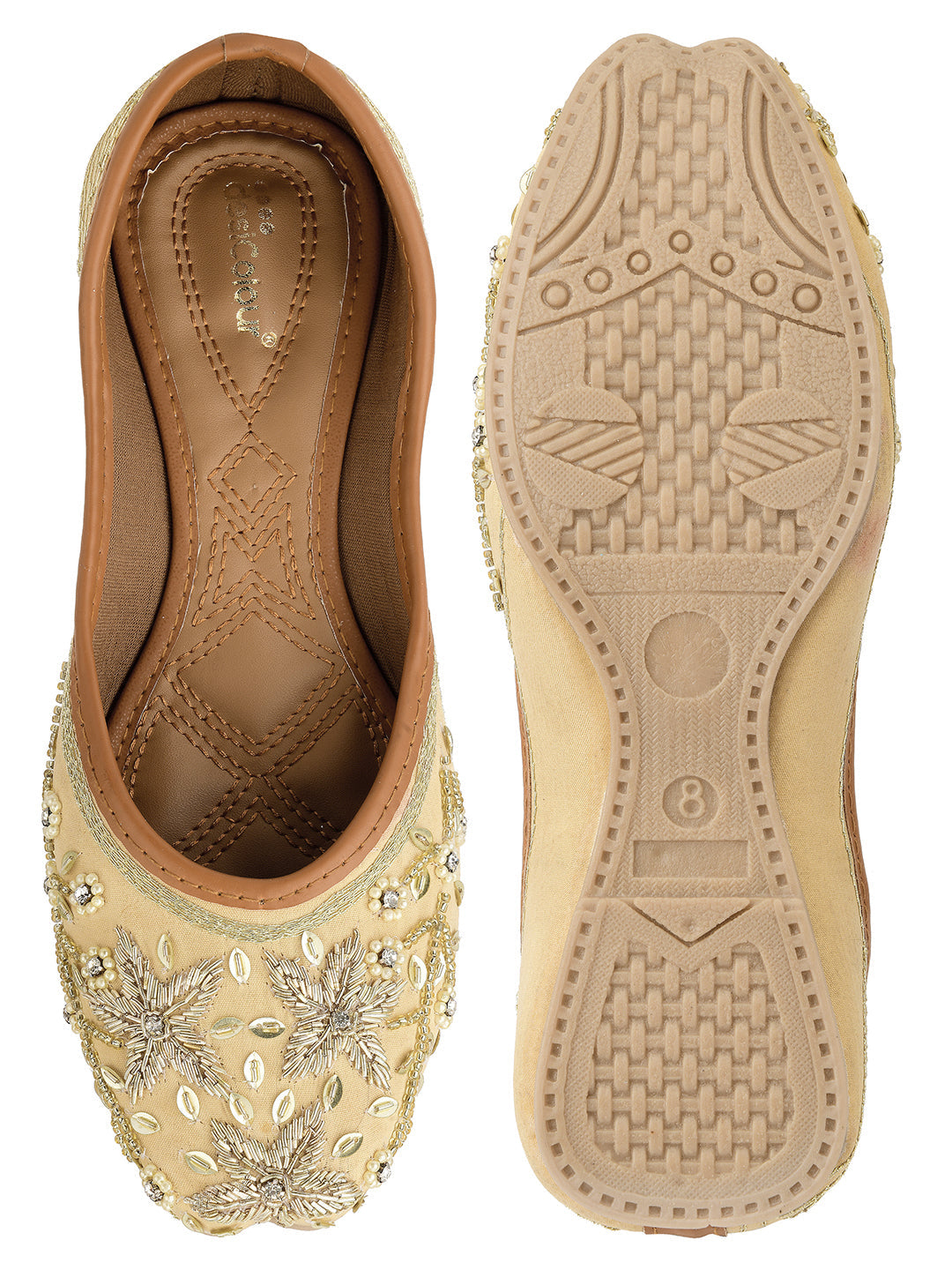 Desi Colour Women Indian Ethnic Footwear-Gold Dabka Flower