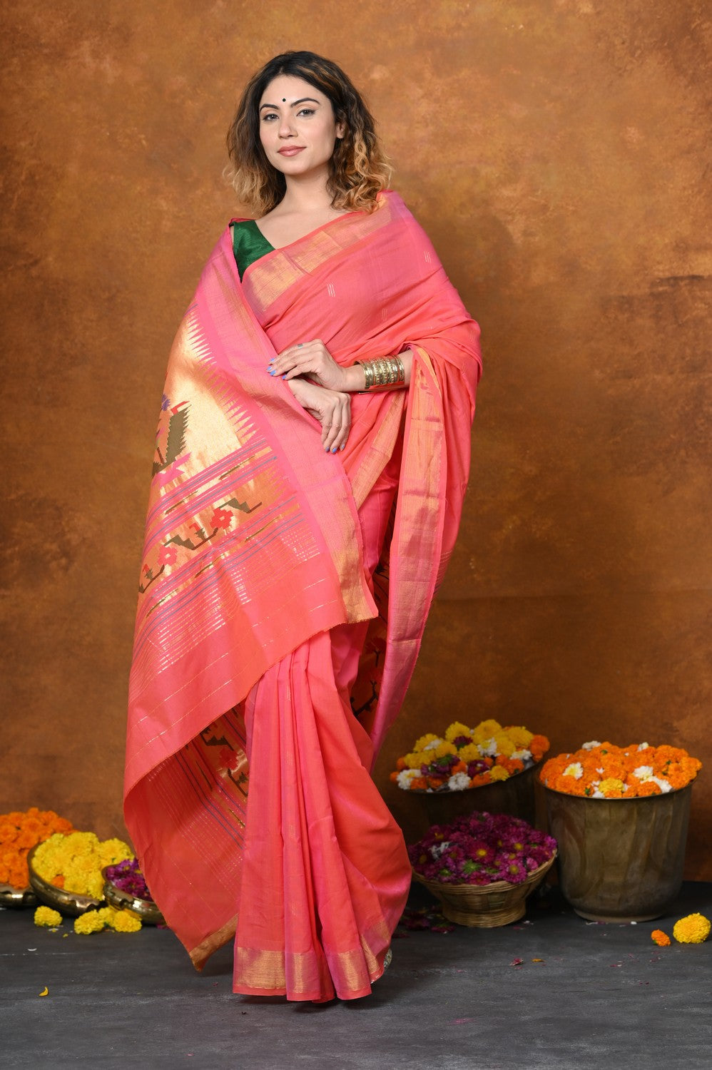 Very Much Indian EXCLUSIVE! Handloom Pure Cotton Paithani With Asawali Pallu - Pink Peach