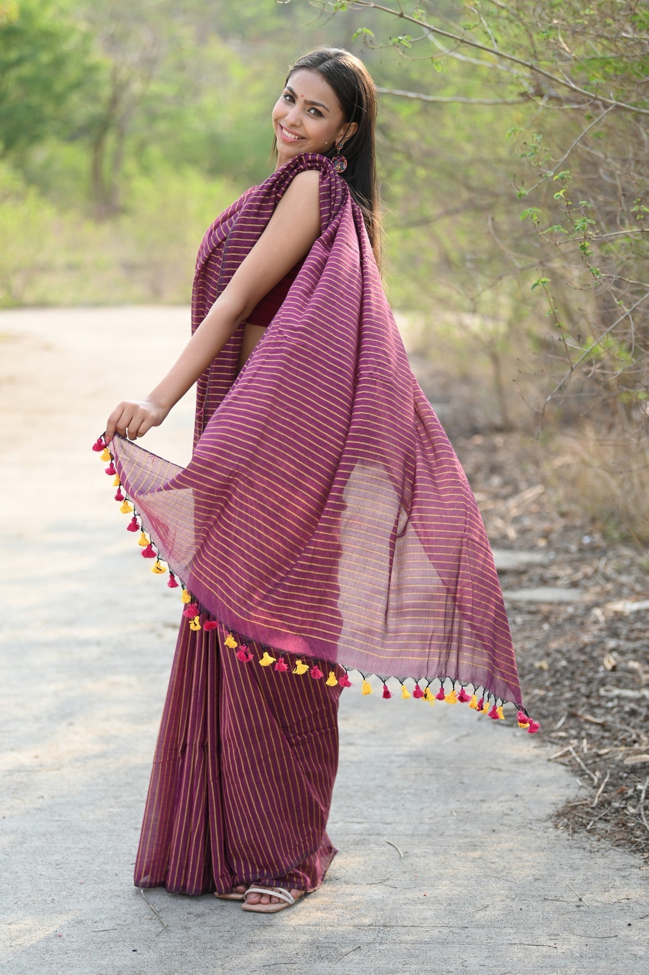 Very Much Indian Designer Pure Cotton Sarees with All over Linear Stripes - Maroon