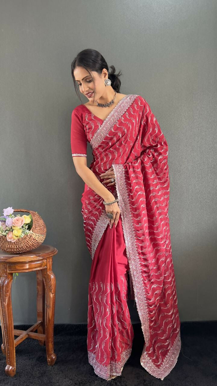 Vastranavya Pink Chinnon Silk Embroidery Multi Sequence & Arco Cut Work Ready to Wear Saree