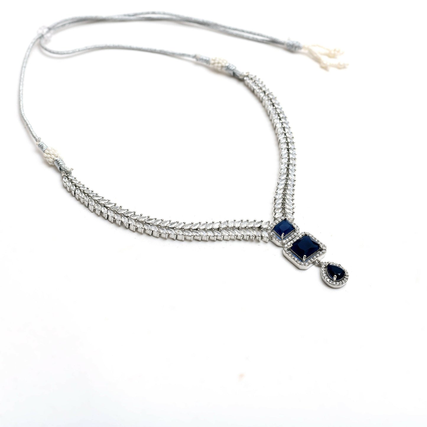 Mominos Fashion Johar Kamal Silver-Plated American Diamond Navy Blue Choker Set
