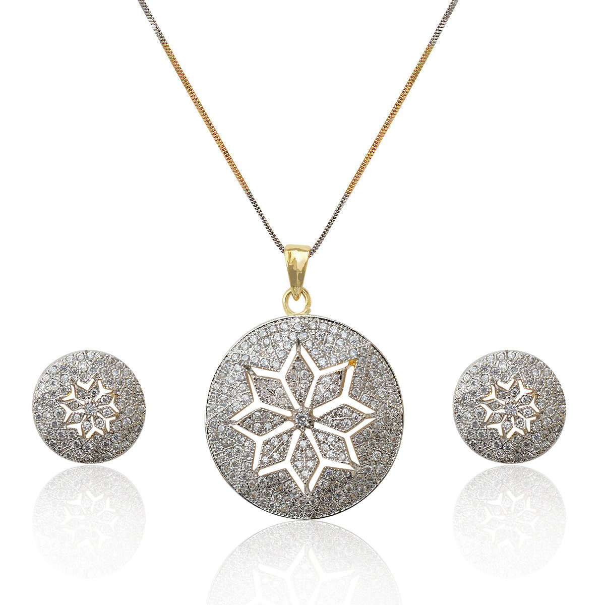 Rhodium-Plated Alloy Round Flower Engraved Ad Pendant Set - The Pari