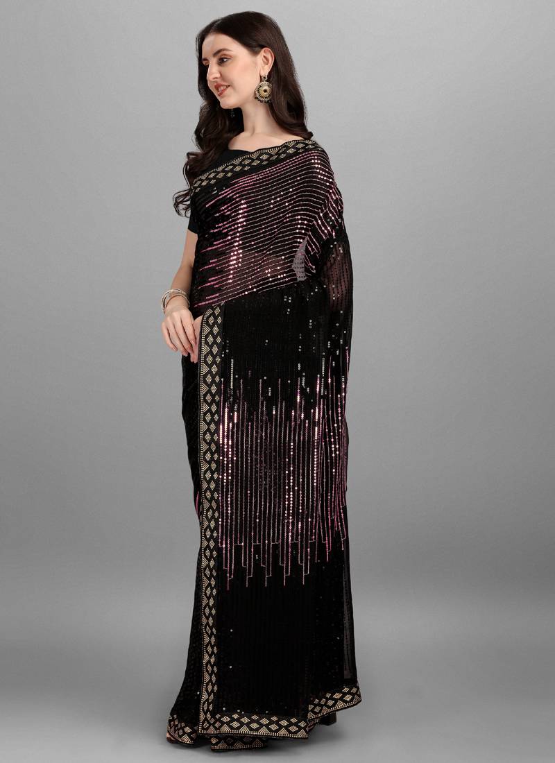 Vegaa Fashion Purple Heavy Georgette Sequence Embroidery Saree