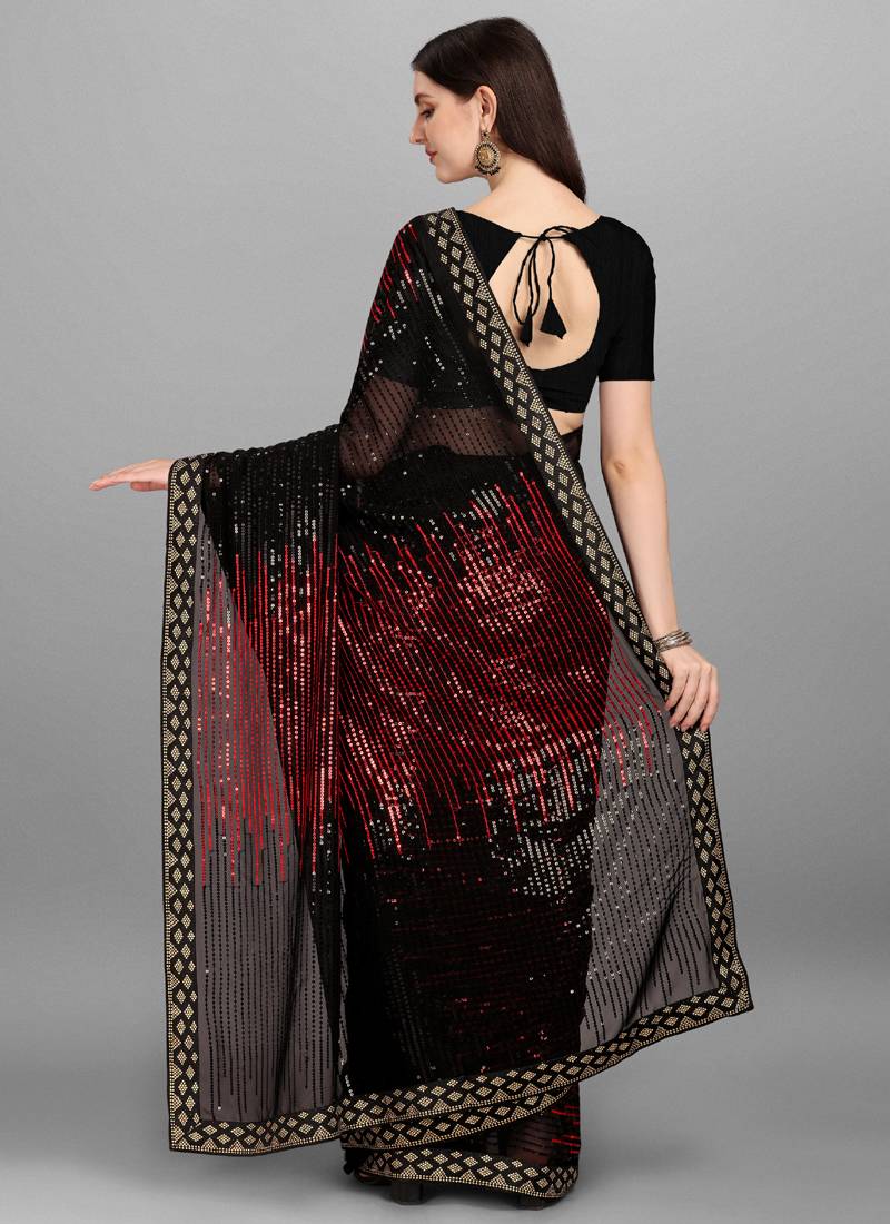 Vegaa Fashion Red Heavy Georgette Sequence Embroidery Saree