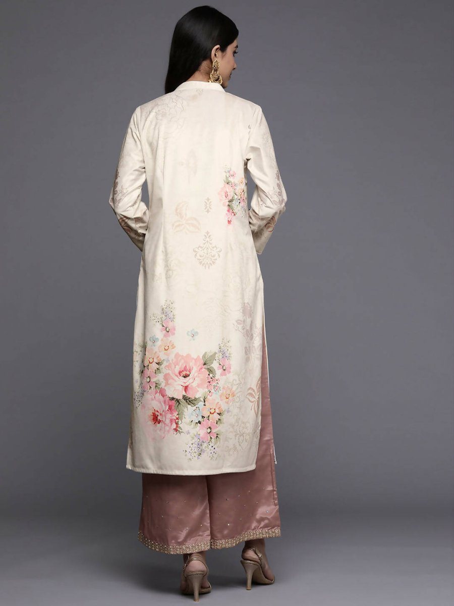 Ahalyaa Women Cream-Coloured & Pink Floral Printed Gotta Patti Floral Velvet Kurta