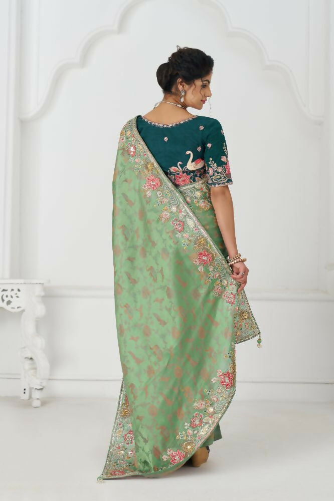 Kesar Fab Grace In Green: Multi-Thread Embroidered With Floral Elegance Saree