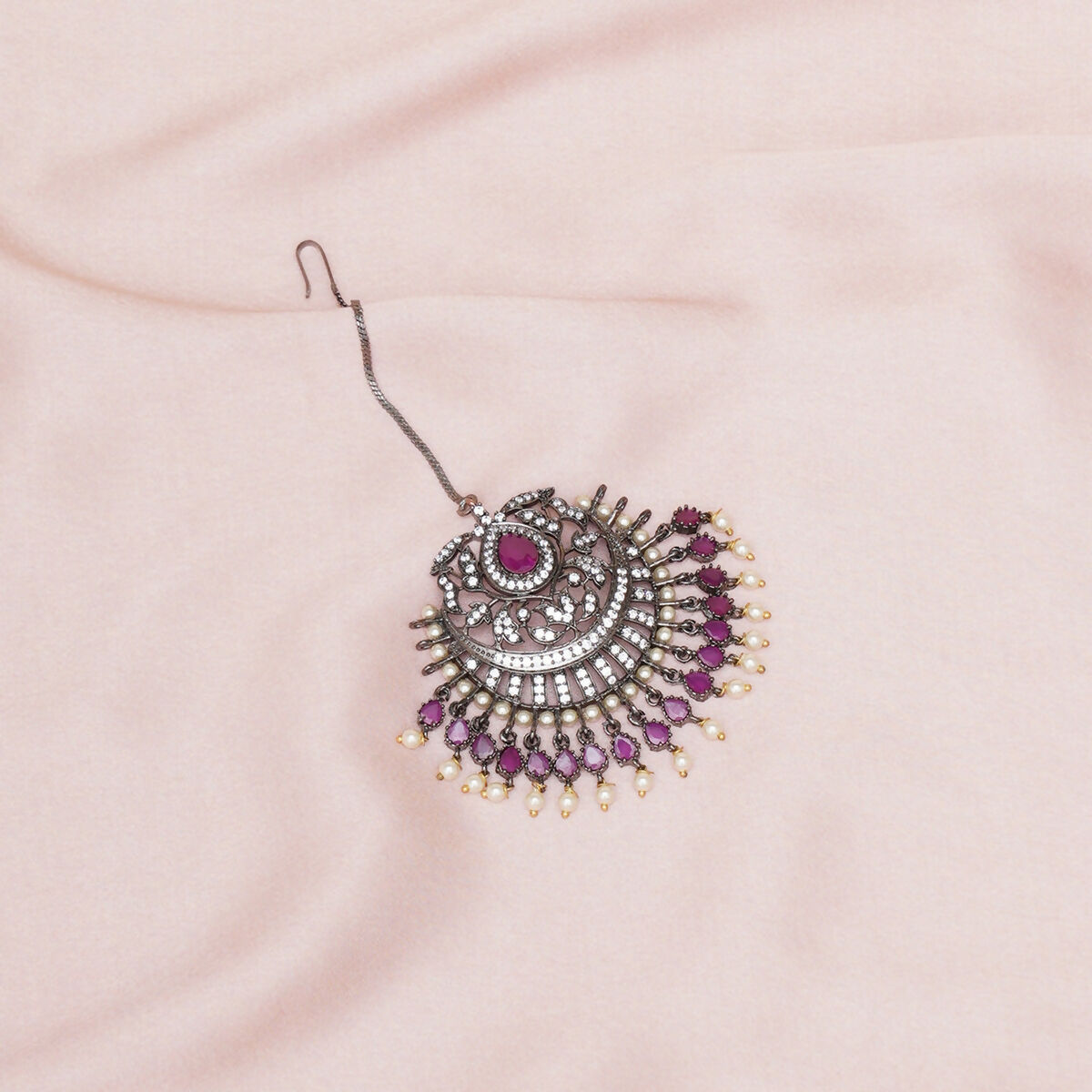Oversized Diamond & Maroon Stone Maang Tikka- Ruby Raang