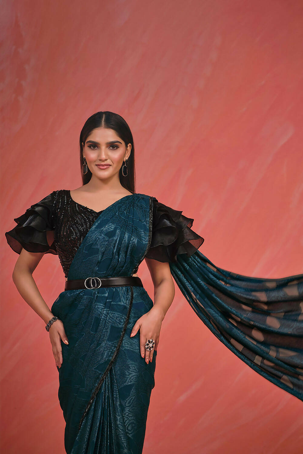 Teal Pattern Georgette Handwork & Lace with kardana work Saree With Stitched Blouse - Mohmanthan Elegancia