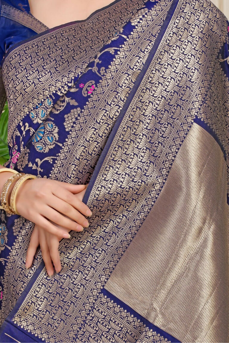Jyoti Fashion Women's Navy Blue Kanjivaram Silk Zari Woven Saree with Blouse