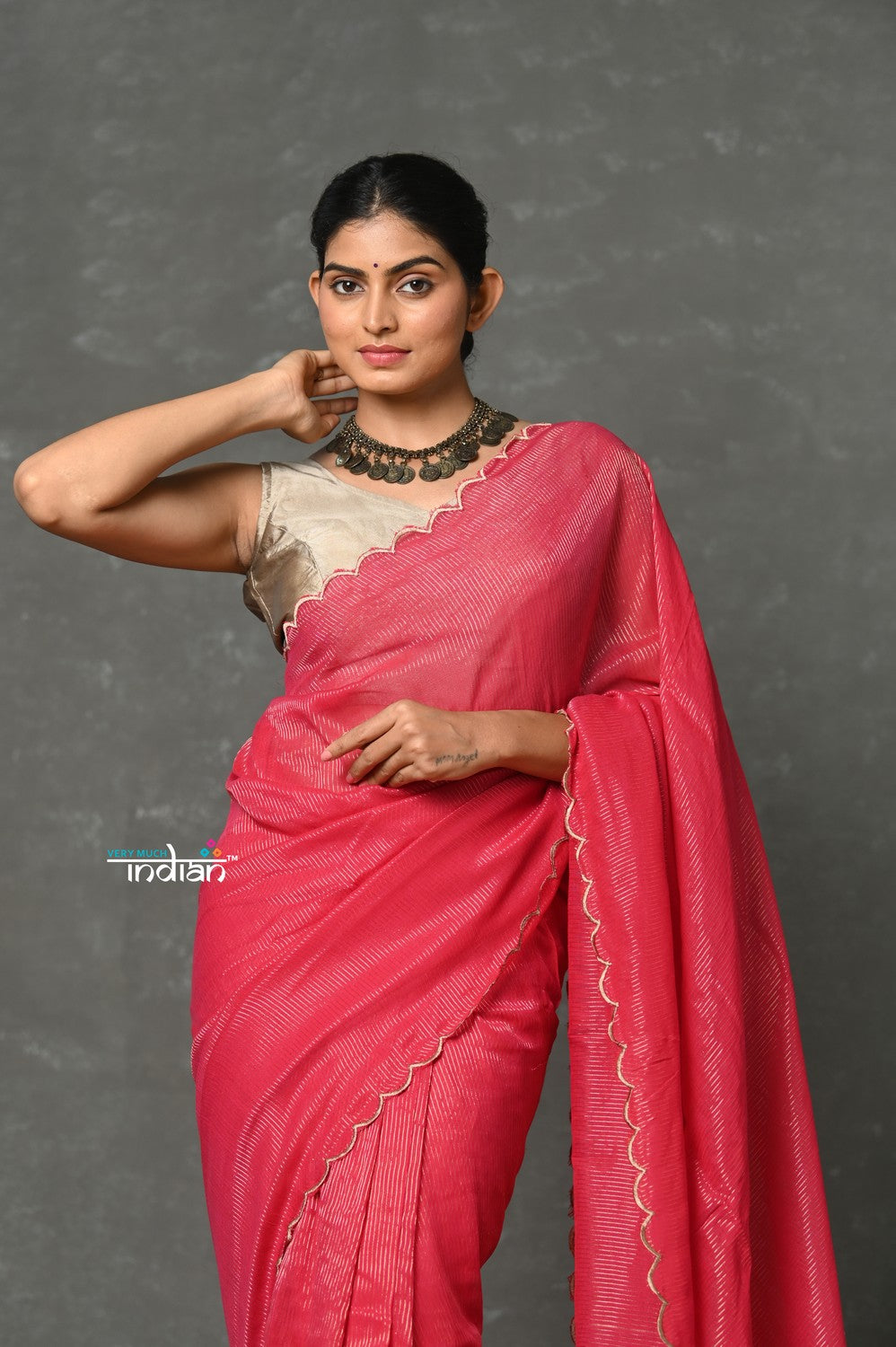 Very Much Indian Mul Cotton Zari Design Handloom Woven Saree - Rani Pink